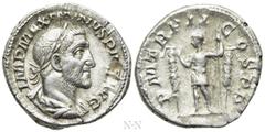 Roman Imperial Coins MAXIMINUS THRAX (235-238). Denarius. Rome. Obv: IMP MAXIMINVS PIVS AVG. Laureate, draped and cuirassed bust right. Rev: P M TR P II COS P P. Emperor standing left with spear, flan