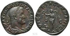 Roman Imperial Coins MAXIMINUS THRAX (235-238). Sestertius. Rome. Obv: MAXIMINVS PIVS AVG GERM. Laureate, draped and cuirassed bust right. Rev: VICTORIA GERMANICA / S - C. Victory standing left, holdi