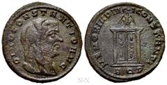 Roman Imperial Coins DIVUS CONSTANTIUS I (Died, 306). Follis. Aquileia. Struck under Maxentius. Obv: DIVO CONSTANTIO AVG. Veiled and draped bust right. Rev: MEMORIA DIVI CONSTANTI / AQP. Altar, with d