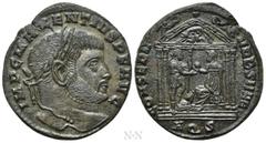 Roman Imperial Coins MAXENTIUS (307-312). Follis. Aquileia. Obv: IMP C MAXENTIVS P F AVG. Laureate head right. Rev: CONSERV VRB SVAE / AQS. Roma seated left on shield, holding spear and presenting glo