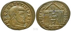 Roman Imperial Coins MAXENTIUS (307-312). Follis. Rome. Obv: IMP C MAXENTIVS P F AVG. Laureate head right. Rev: CONSERV VRB SVAE / RBQ. Hexastyle temple containing Roma, with head left, seated facing 
