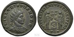 Roman Imperial Coins CRISPUS (Caesar, 316-326). Follis. Ticinum. Obv: FL IVL CRISPVS NOB C. Radiate, draped and cuirassed bust right. Rev: VICTORIAE LAETAE PRINC PERP/ C / PT. Two Victories holding sh