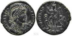 Roman Imperial Coins GRATIAN (367-383). Ae. Constantinople. Obv: D N GRATIANVS P F AVG. Diademed, helmeted, draped and cuirassed bust right, holding spear. Rev: GLORIA ROMANORVM / CONB. Gratian standi