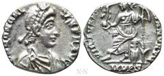 Roman Imperial Coins HONORIUS (393-423). Siliqua. Mediolanum. Obv: D N HONORIVS P F AVG. Diademed, draped and cuirassed bust right. Rev: VIRTVS ROMANORVM / MDPS. Roma seated left on cuirass, holding s