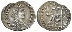 Roman Imperial Coins CONSTANTINE III (407-411). Siliqua. Treveri. Obv: D N CONSTANTINVS P F AVG. Diademed, draped and cuirassed bust right. Rev: VICTORIA AAAVGGG / TRMS. Roma seated left on cuirass, h