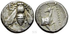 Greek Coins IONIA. Ephesos. Tetradrachm (Circa 360-350 BC). Neilosthenes, magistrate. Obv: E - Φ. Bee. Rev: NEIΛOΣΘENHΣ. Forepart of stag right, head left; palm tree to left. SNG Kayhan -; SNG Copenha