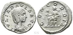 Roman Imperial Coins JULIA PAULA (Augusta, 219-220). Denarius. Rome. Obv: IVLIA PAVLA AVG. Draped bust right. Rev: CONCORDIA. Concordia seated left on throne, holding patera; star to left. RIC 211 (El