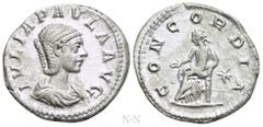 Roman Imperial Coins JULIA PAULA (Augusta, 219-220). Denarius. Rome. Obv: IVLIA PAVLA AVG. Draped bust right. Rev: CONCORDIA. Concordia seated left on throne, holding patera; star to right. RIC 211 (E