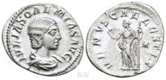 Roman Imperial Coins JULIA SOEMIAS (Augusta, 218-222). Denarius. Rome. Obv: IVLIA SOAEMIAS AVG. Draped bust right. Rev: VENVS CAELESTIS. Venus standing facing, head left, holding apple and sceptre; st