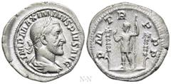 Roman Imperial Coins MAXIMINUS THRAX (235-238). Denarius. Rome. Obv: IMP MAXIMINVS PIVS AVG. Laureate, draped and cuirassed bust right. Rev: P M TR P P P. Maximinus standing left, raising hand and hol