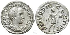 Roman Imperial Coins GORDIAN III (238-244). Denarius. Rome. Obv: IMP GORDIANVS PIVS FEL AVG. Laureate, draped and cuirassed bust right. Rev: P M TR P III COS II P P. Emperor standing right, holding sp