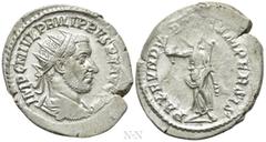 Roman Imperial Coins PHILIP I 'THE ARAB' (244-249). Antoninianus. Antioch. Obv: IMP C M IVL PHILIPPVS P F AVG P M. Radiate, draped and cuirassed bust right. Rev: PAX FVNDATA CVM PERSIS. Pax standing l