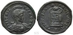 Roman Imperial Coins CRISPUS (Caesar, 316-326). Follis. Treveri. Obv: IVL CRISPVS NOB C. Helmeted and cuirassed bust right, with aegis on breast-plate. Rev: BEATA TRANQVILLITAS / •PTR(crescent). Globe