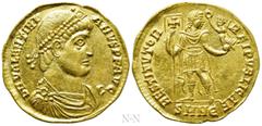 Roman Imperial Coins VALENTINIAN I (364-375). GOLD Solidus. Nicomedia. Obv: D N VALENTINIANVS P F AVG. Pearl-diademed, draped and cuirassed bust right. Rev: RESTITVTOR REIPVBLICAE / SMNЄ. Valens stand