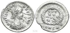 Roman Imperial Coins HONORIUS (393-423). Siliqua. Constantinople. Obv: D N HONORIVS P F AVG. Pearl-diademed, draped and cuirassed bust right. Rev: VOT XV MVLT XX / CONS (star). Legend in four lines wi