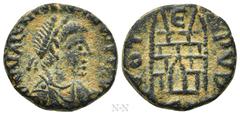 Roman Imperial Coins VALENTINIAN III (425-455). Nummus. Rome. Obv: D N VALENTINIANVS P F AVG. Diademed, draped and cuirassed bust right. Rev: VOT PVB / [...]. Camp gate, with two turrets and open door