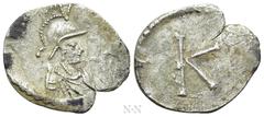 Byzantine Coins ANONYMOUS. Time of Justinian I (527-565). Half Siliqua. Constantinople. Obv: Helmeted, draped and cuirassed bust of Constantinopolis right. Rev: Large K. Bendall, Anonymous 8c; Vagi 30