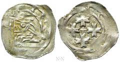 Medieval Coins AUSTRIA. Kärnten. Bernhard (1202-1256). Freisacher Pfennig. St. Veit. Obv: Soldier seated facing cross-legged, holding sword. Rev: Cruciform cross fourchées. CNA Cb13. Condition: Extrem