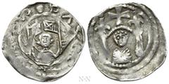 Medieval Coins AUSTRIA. Kärnten. Bernhard von Kärnten (1202-1256). Pfennig. Obv: Facing bust holding flag in each hand. Rev: Facing bust under arch; above, cross between two lis. CNA Cj31. Condition: 