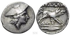 Greek Coins AITOLIA. Aitolian League. Triobol (Circa 205-150 BC). Obv: Head of Atalanta right, wearing petasos. Rev: ΑΙΤΩΛΩΝ. Boar charging right; ΔIΩ and monogram below; in exergue, spearhead right. 