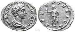 Roman Imperial Coins COMMODUS (Caesar, 166-177). Denarius. Rome. Obv: COMMODO CAES AVG FIL GERM SARM. Bare-headed and draped bust right. Rev: SPES PVBLICA. Spes advancing left, holding flower and rais