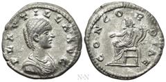 Roman Imperial Coins PLAUTILLA (Augusta, 202-205). Denarius. Laodicea ad Mare. Obv: PLAVTILLA AVG. Draped bust right. Rev: CONCORDIAE. Concordia seated left on throne, holding patera and double cornuc