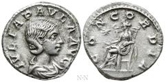 Roman Imperial Coins JULIA PAULA (Augusta, 219-220). Denarius. Rome. Obv: IVLIA PAVLA AVG. Draped bust right. Rev: CONCORDIA. Concordia seated left on throne, holding patera; star to left. RIC 211 (El