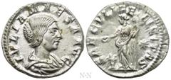 Roman Imperial Coins JULIA MAESA (Augusta, 218-224/5). Denarius. Rome. Obv: IVLIA MAESA AVG. Draped bust right. Rev: SAECVLI FELICITAS. Felicitas standing left, holding caduceus and patera over lighte
