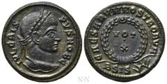 Roman Imperial Coins CRISPUS (Caesar, 316-326). Follis. Siscia. Obv: IVL CRISPVS NOB C. Laureate head right. Rev: CAESARVM NOSTRORVM / BSIS (sun). VOT / X in two lines within wreath. RIC 181. Conditio