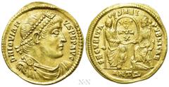 Roman Imperial Coins JOVIAN (363-364). GOLD Solidus. Antioch. Obv: D N IOVIANVS PEP AVG. Pearl-diademed, draped and cuirassed bust right. Rev: SECVRITAS REI PVBLICAE / ANTΔ. Roma and Constantinopolis,
