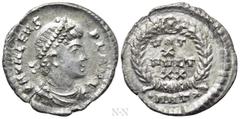Roman Imperial Coins VALENS (364-378). Siliqua. Antioch. Obv: D N VALENS P F AVG. Pearl-diademed, draped and cuirassed bust right. Rev: VOT / X / MVLT / XX / •ANT (star). Legend in four lines within w
