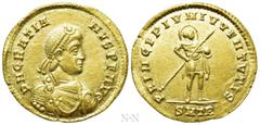 Roman Imperial Coins GRATIAN (367-383). GOLD Solidus. Treveri. Obv: D N GRATIANVS P F AVG. Pearl-diademed, draped and cuirassed bust right. Rev: PRINCIPIVM IVVENTVTIS / SMTR. Gratian, nimbate, standin