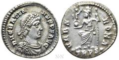 Roman Imperial Coins GRATIAN (367-383). Siliqua. Treveri. Obv: D N GRATIANVS P F AVG. Pearl-diademed, draped and cuirassed bust right. Rev: VRBS ROMA / TRPS•. Roma seated left on throne, holding victo