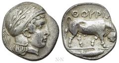 Greek Coins LUCANIA. Thourioi. Triobol (Circa 443-400 BC). Obv: Head of Athena right, wearing crested Attic helmet decorated with wreath. Rev: ΘΟΥΡΙΩΝ. Bull standing right, with head lowered; fish in 