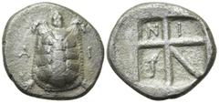 Greek Coins ATTICA. Aegina. Stater (Circa 350-338 BC). Ni-, magistrate. Obv: A - I. Land turtle with segmented shell. Rev: Skew incuse pattern; N-I in upper incuses, dolphin in lower left. Milbank p. 