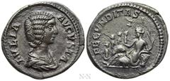 Roman Imperial Coins JULIA DOMNA (Augusta, 193-217). Denarius. Rome. Obv: IVLIA AVGVSTA. Draped bust right. Rev: FECVNDITAS. Terra reclining left below tree, elbow resting on basket of fruits; right h