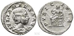 Roman Imperial Coins JULIA MAESA (Augusta, 218-224/5). Denarius. Rome. Obv: IVLIA MAESA AVG. Draped bust right. Rev: PVDICITIA. Pudicitia seated left on throne, drawing veil from face and holding scep