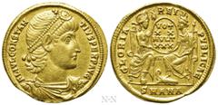 Roman Imperial Coins CONSTANTIUS II (337-361). GOLD Solidus. Antioch. Obv: FL IVL CONSTANTIVS PERP AVG. Diademed, draped and cuirassed bust right. Rev: GLORIA REI PVBLICAE / SMANA. Roma and Constantin