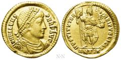 Roman Imperial Coins VALENS (364-378). GOLD Solidus. Antioch. Obv: D N VALENS PER F AVG. Pearl-diademed, draped and cuirassed bust right. Rev: RESTITVTOR REIPVBLICAE / ANTI (star). Valens standing fac