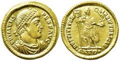 Roman Imperial Coins VALENS (364-378). GOLD Solidus. Antioch. Obv: D N VALENS PER F AVG. Pearl-diademed, draped and cuirassed bust right. Rev: RESTITVTOR REIPVBLICAE / •ANTΘ•. Valens standing facing, 