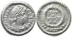 Roman Imperial Coins VALENS (364-378). Siliqua. Antioch. Obv: D N VALENS P F AVG. Pearl-diademed, draped and cuirassed bust right. Rev: VOT / X / MVLT / XX / •ANT (double star). Legend in four lines w