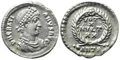 Roman Imperial Coins GRATIAN (367-383). Siliqua. Antioch. Obv: D N GRATIANVS P F AVG. Pearl-diademed, draped and cuirassed bust right. Rev: VOT / X / MVLT / XX / •ANTA. Legend in four lines within wre