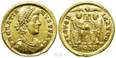 Roman Imperial Coins GRATIAN (367-383). GOLD Solidus. Treveri. Obv: D N GRATIANVS P F AVG. Pearl-diademed, draped and cuirassed bust right. Rev: VICTORIA AVGG / TROBS. Two emperors seated facing on do