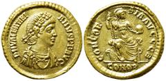 Roman Imperial Coins VALENTINIAN II (375-392). GOLD Solidus. Constantinople. Obv: D N VALENTINIANVS P F AVG. Rosette-diademed, draped and cuirassed bust right. Rev: CONCORDIA AVGGG B / CONOB. Constant
