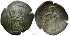 Medieval Coins BULGARIA. Second Empire. Konstantin I Asen (1257-1277). Ae Trachy. Veliko Turnovo. Obv: Facing bust of Christ Pantokrator, holding scroll; cross to left and right. Rev: Konstantin stand