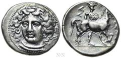 Greek Coins THESSALY. Larissa. Drachm (Circa 380-365 BC). Obv: Head of the nymph Larissa facing slightly left, wearing ampyx, earring and necklace. Rev: ΛΑΡΙΣAIΩΝ. Thessalos, wearing petasos, preparin