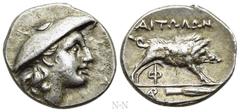 Greek Coins AITOLIA. Aitolian League. Triobol (Circa 205-150 BC). Obv: Head of Atalanta right, wearing petasos. Rev: ΑΙΤΩΛΩΝ. Boar charging right; Φ below; monogram and spear-head in exergue. Tsangari