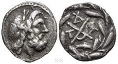 Greek Coins ACHAIA. Achaian League. Dyme. Triobol or Hemidrachm (Circa 160-146 BC). Obv: Laureate head of Zeus right. Rev: AX monogram; ΔY monogram above, T to left, AP monogram to right; below, fish 