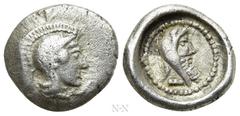 Greek Coins DYNASTS OF LYCIA. Kherẽi ? (Circa 430-410 BC). Obol. Obv: Helmeted head of Athena right. Rev: Head of Kherẽi right, wearing kyrbasia; all within pelleted circle within incuse circle. SNG v