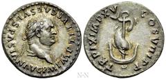 Roman Imperial Coins TITUS (79-81). Denarius. Rome. Obv: IMP TITVS CAES VESPASIAN AVG P M. Laureate head right. Rev: TR P IX IMP XV COS VIII P P. Dolphin coiled around anchor. RIC² 112. Condition: Ext
